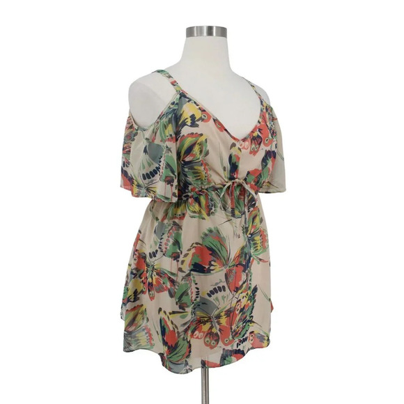 Simply Be Beige Butterfly Print Chiffon Drawstring Waist Tunic Top Plus Size 16 - Picture 2 of 6